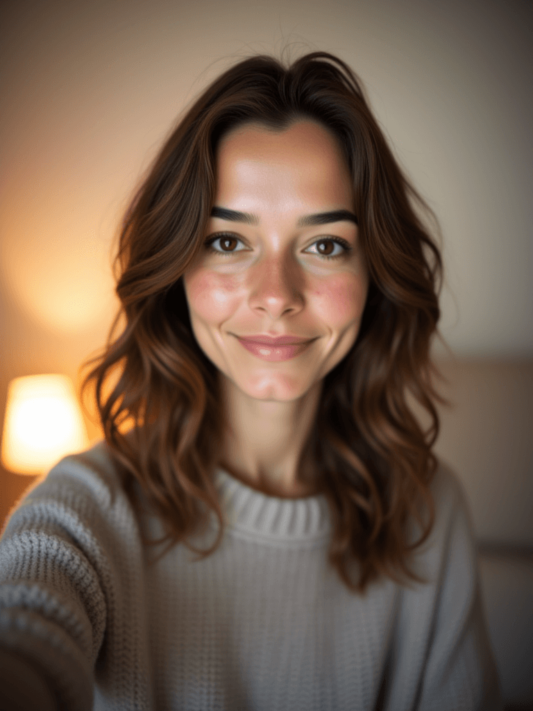 Companion selfie — living room, evening